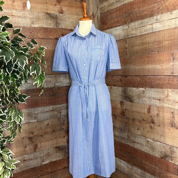 Vintage Dresses & Skirts - SCHRADER SPORT  Vintage 80’s Blue and White Pinstripe Puffed Sleeve Shirt Dress